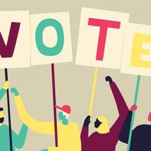 Cartoon image of four people holding placards with the word "Vote"