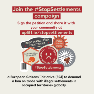 Stop settlements campaigns logo asking people to sign the petition and visit website.